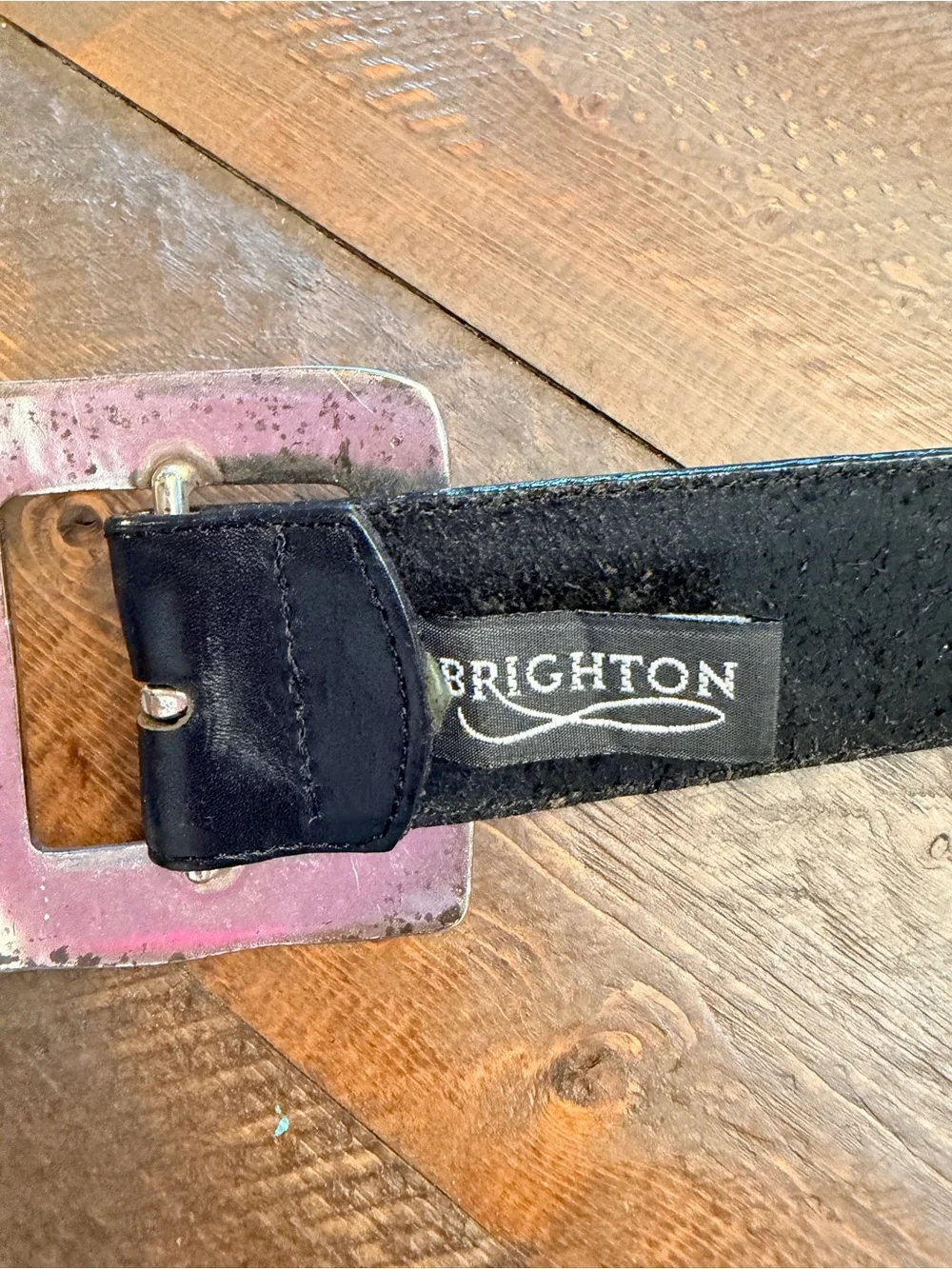 Vintage 1995 Brighton Black Leather Square Buckle Belt Size L 49403 Distressed